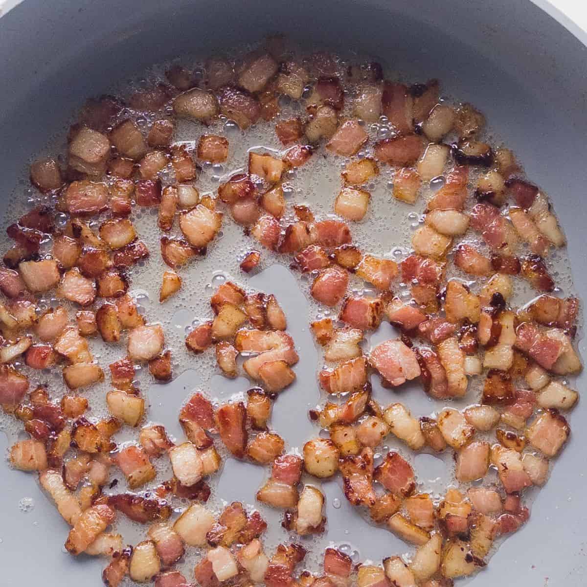 Chopped bacon fried in a skillet