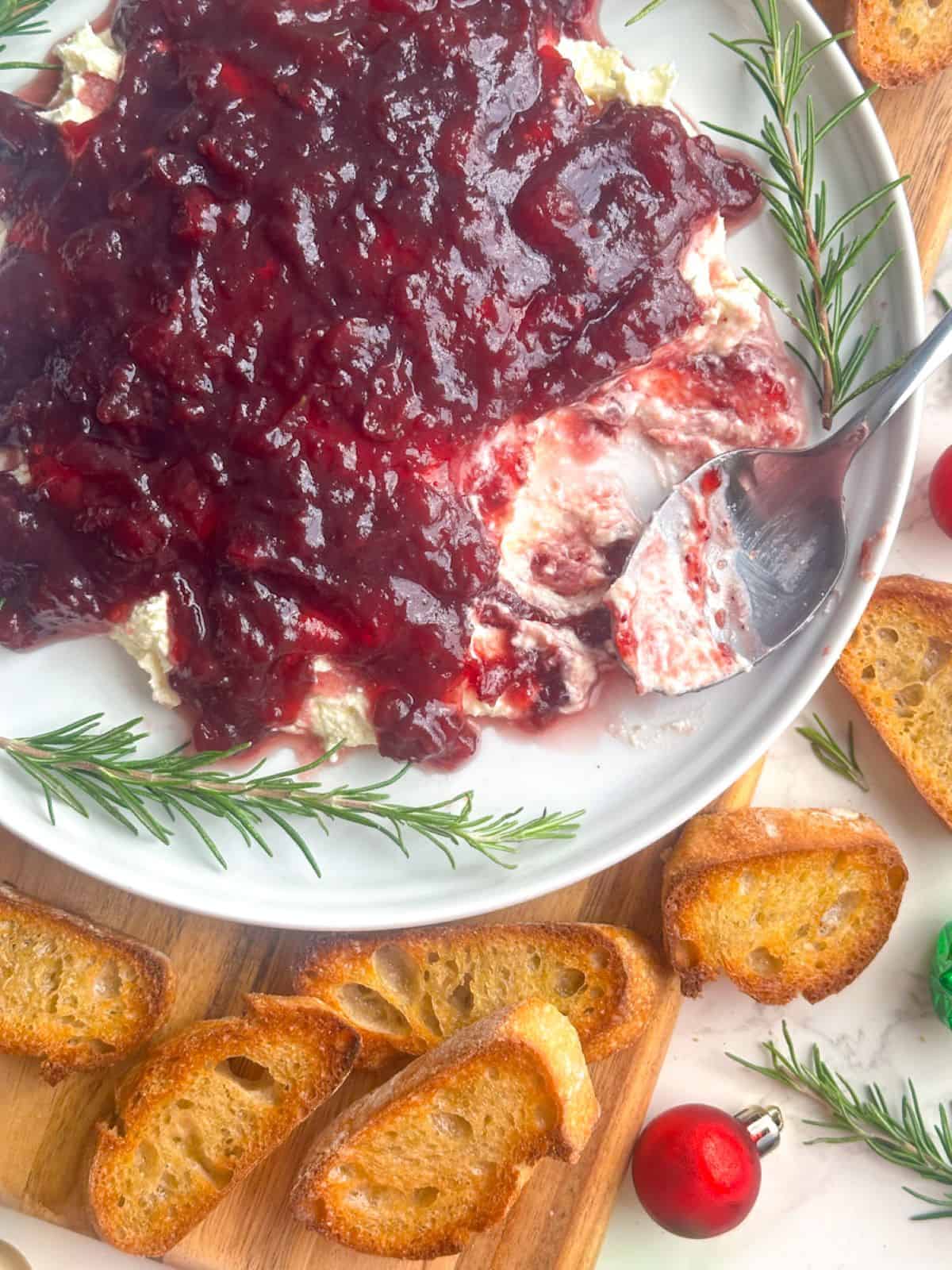 Whipped feta topped with cranberry sauce on a white plate with rosemary sprigs and crostini surrounding them.
