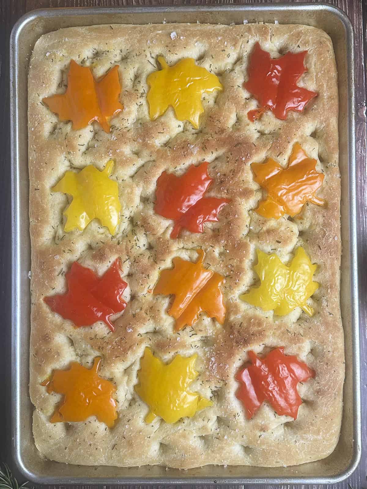 Fall focaccia bread topped with maple leaf shaped bell peppers on a rimmed baking sheet.
