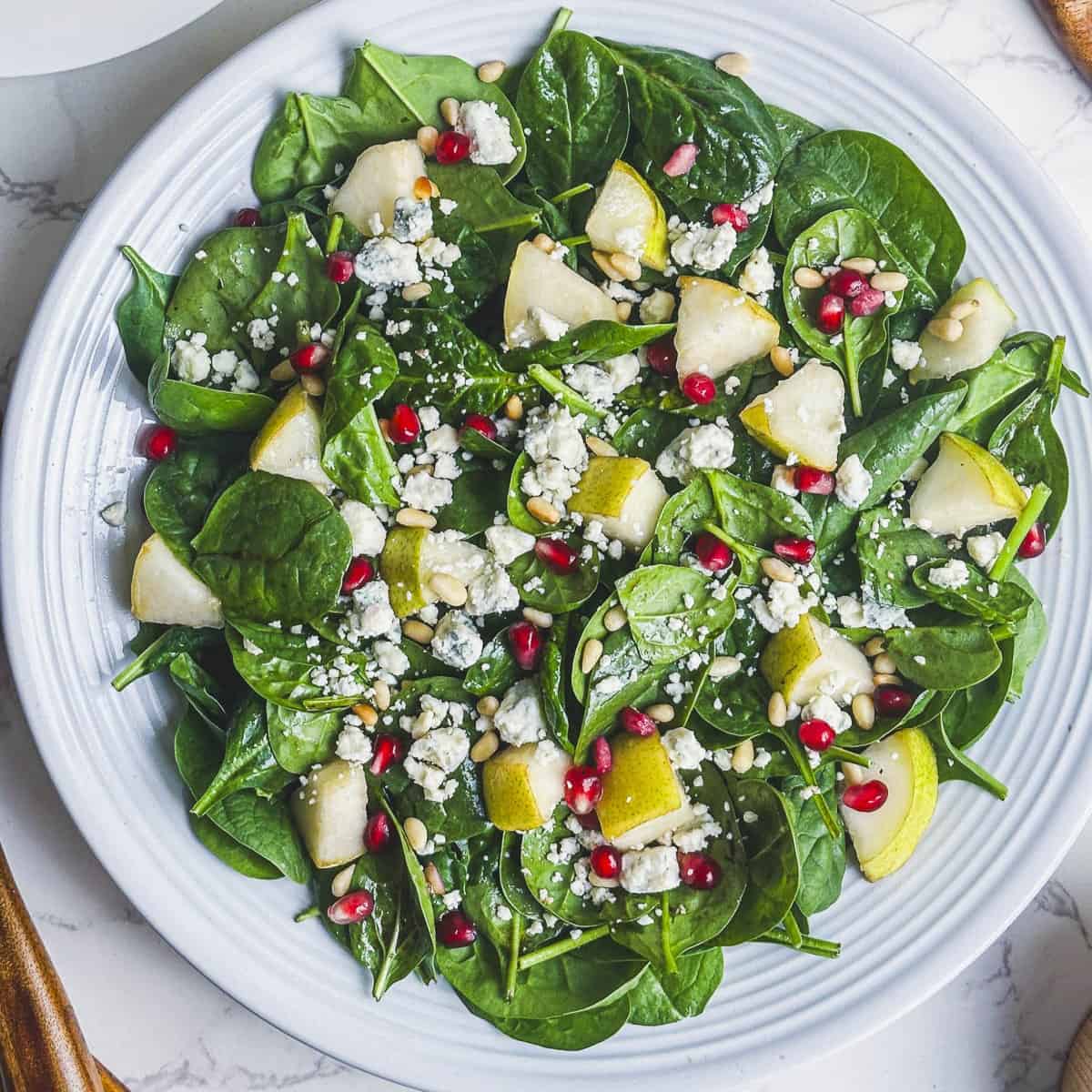 Spinach Gorgonzola Salad with Pear and Pomegranate