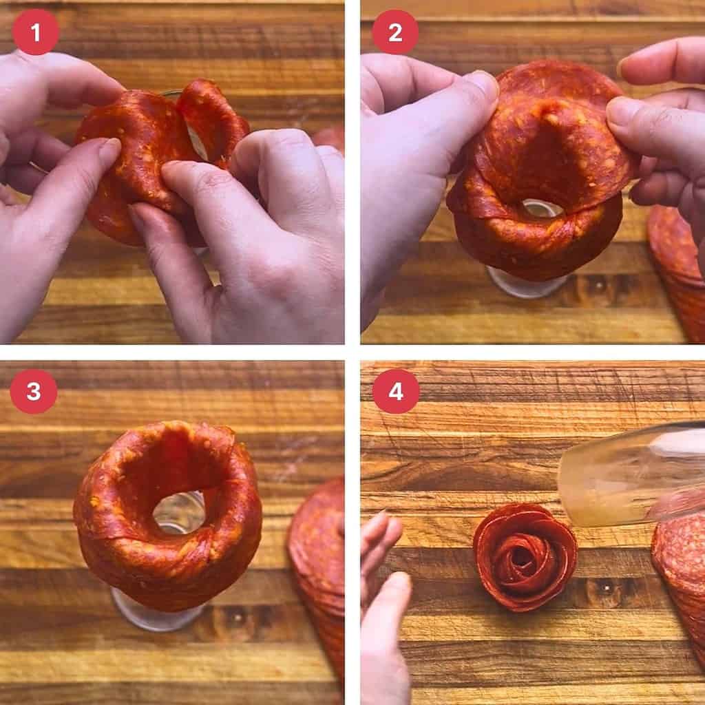 Four process shots of making a charcuterie rose with pepperoni slices.