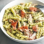 Salmon and casarecce pasta in a creamy pesto sauce