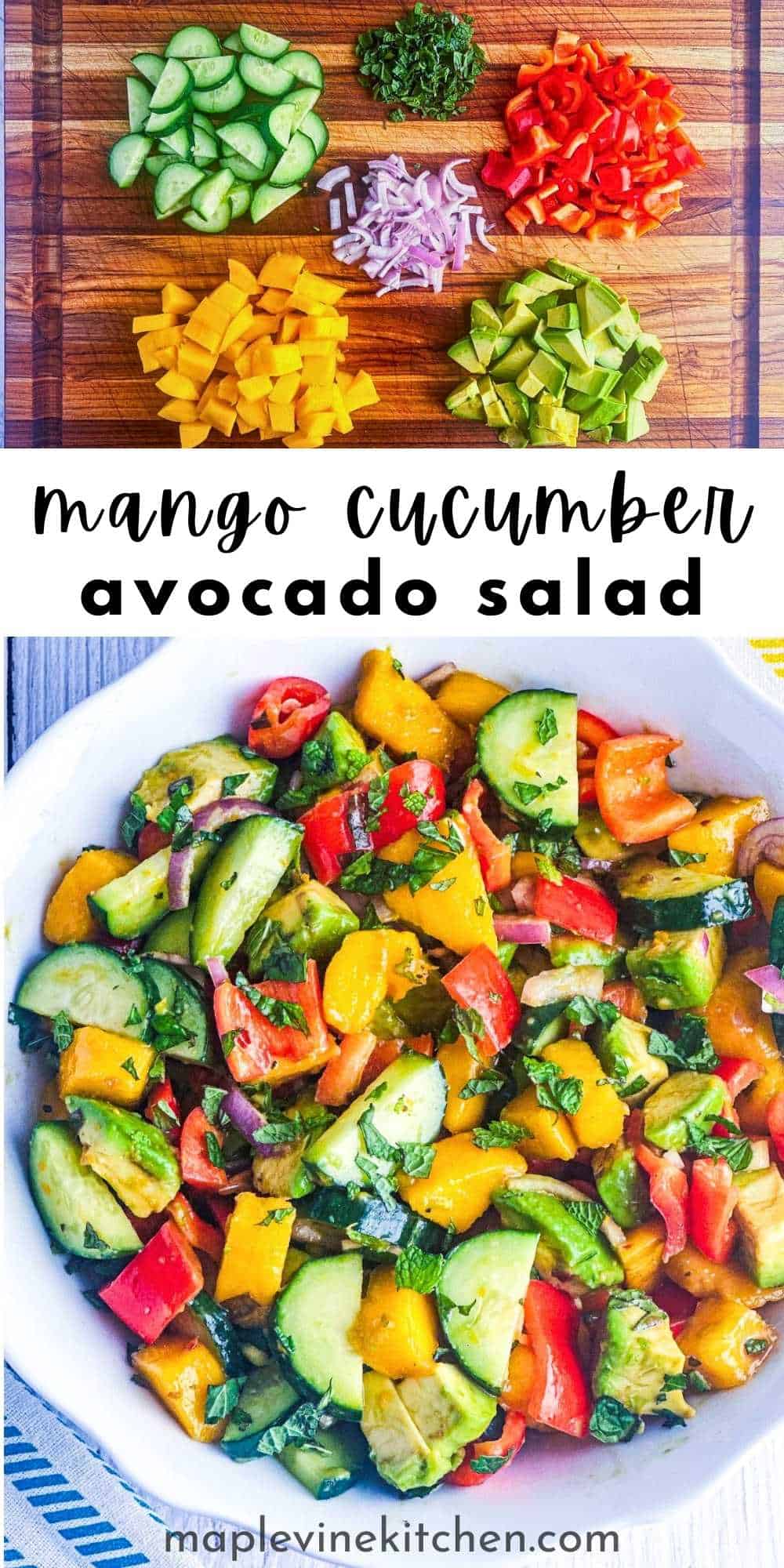 Pinterest pin with images of the mango salad and the title of the recipe in between.