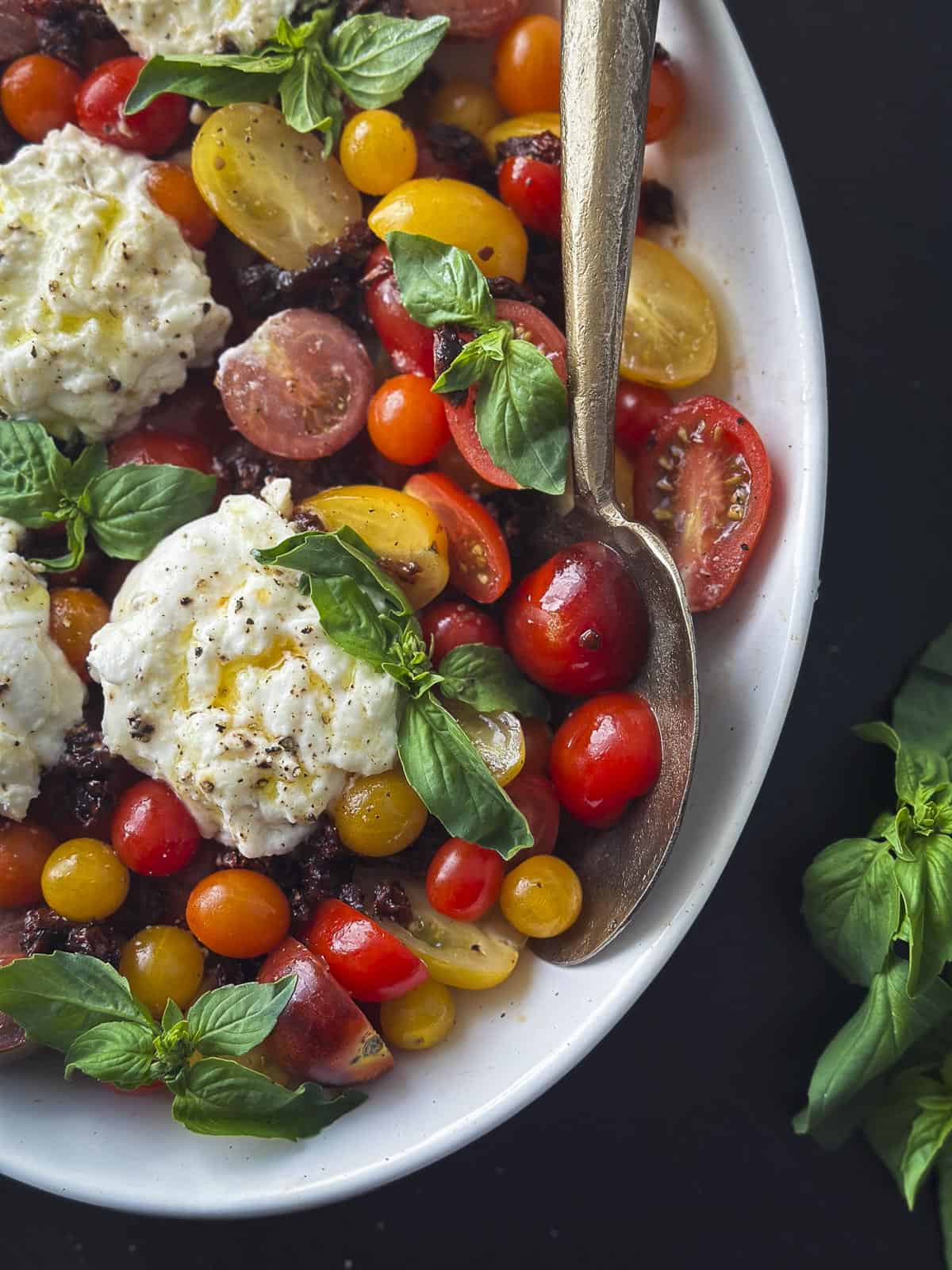 Burrata caprese salad with fresh basil leaves.