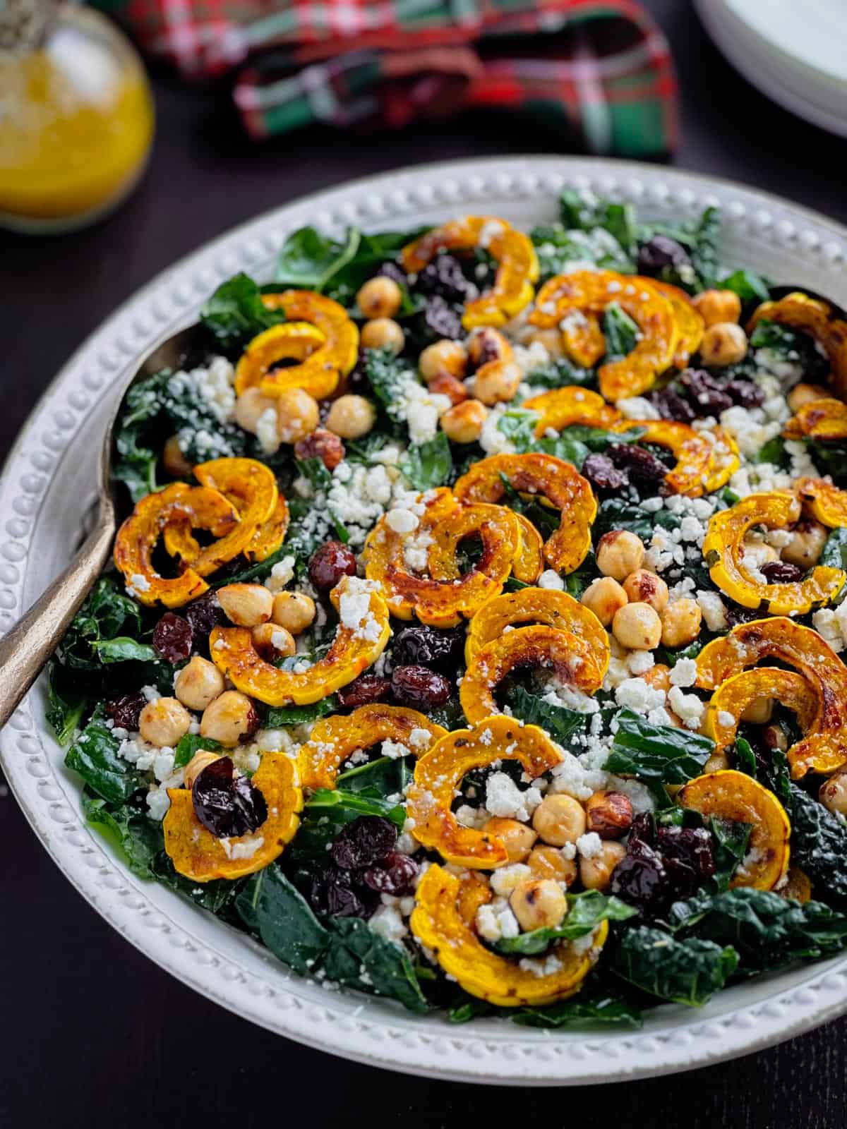 Fall kale salad with roasted Delicata squash, hazelnuts, dried cherries, and crumbled goat cheese.