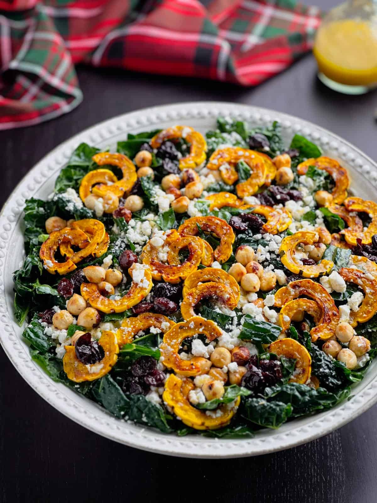 Kale and roasted Delicata squash salad with hazelnuts, cranberries, and goat cheese crumbles.