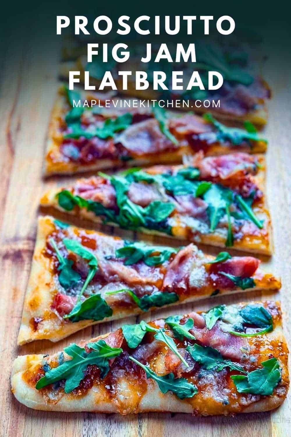 Prosciutto, fig jam, and blue cheese flatbread topped with fresh arugula, perfect for appetizers or a snack.