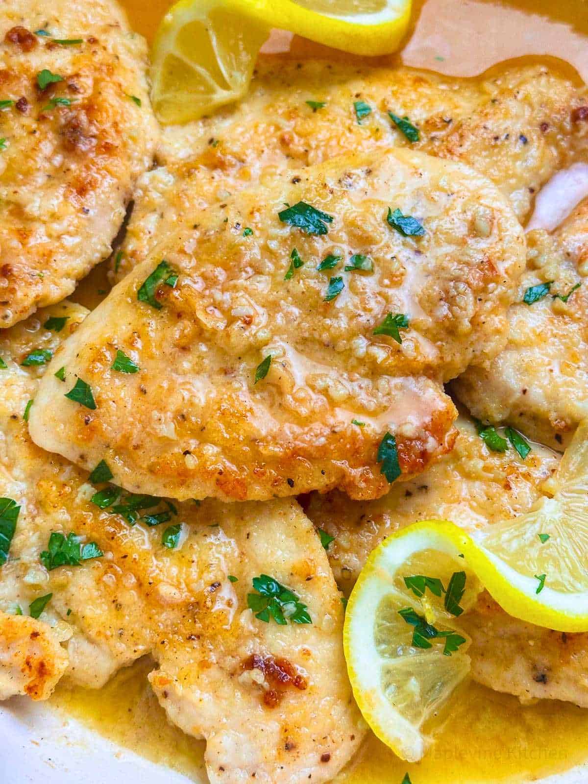 Italian-style chicken cutlets in a lemon butter pan sauce.