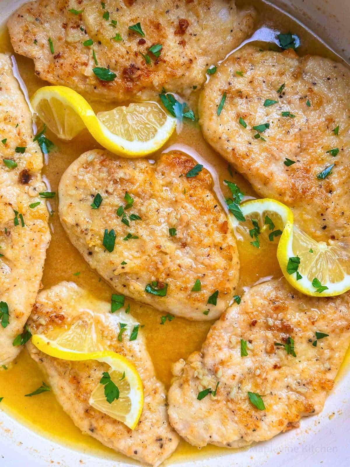 Italian-style chicken cutlets in a lemon butter pan sauce.
