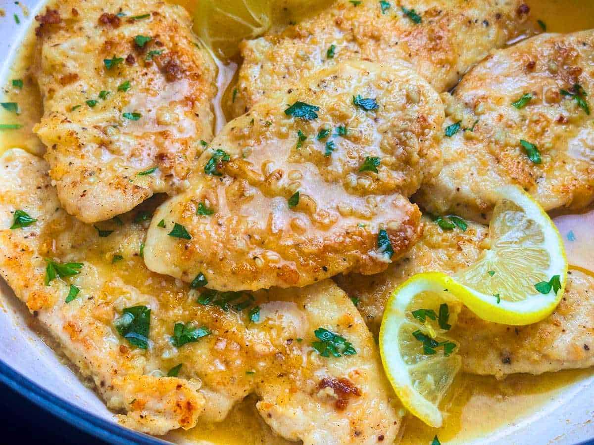 Italian-style chicken cutlets in a lemon butter pan sauce.