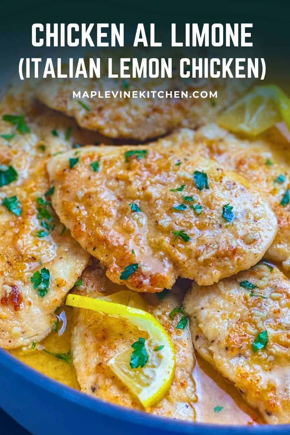 Delicious Chicken Al Limone with lemon slices and herbs, perfect for Italian lemon chicken lovers.