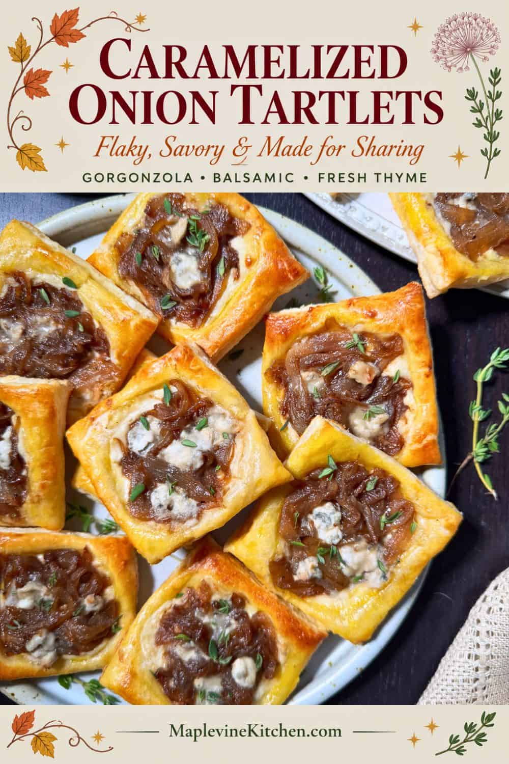 Balsamic caramelized onion tartlets with blue cheese and fresh thyme.